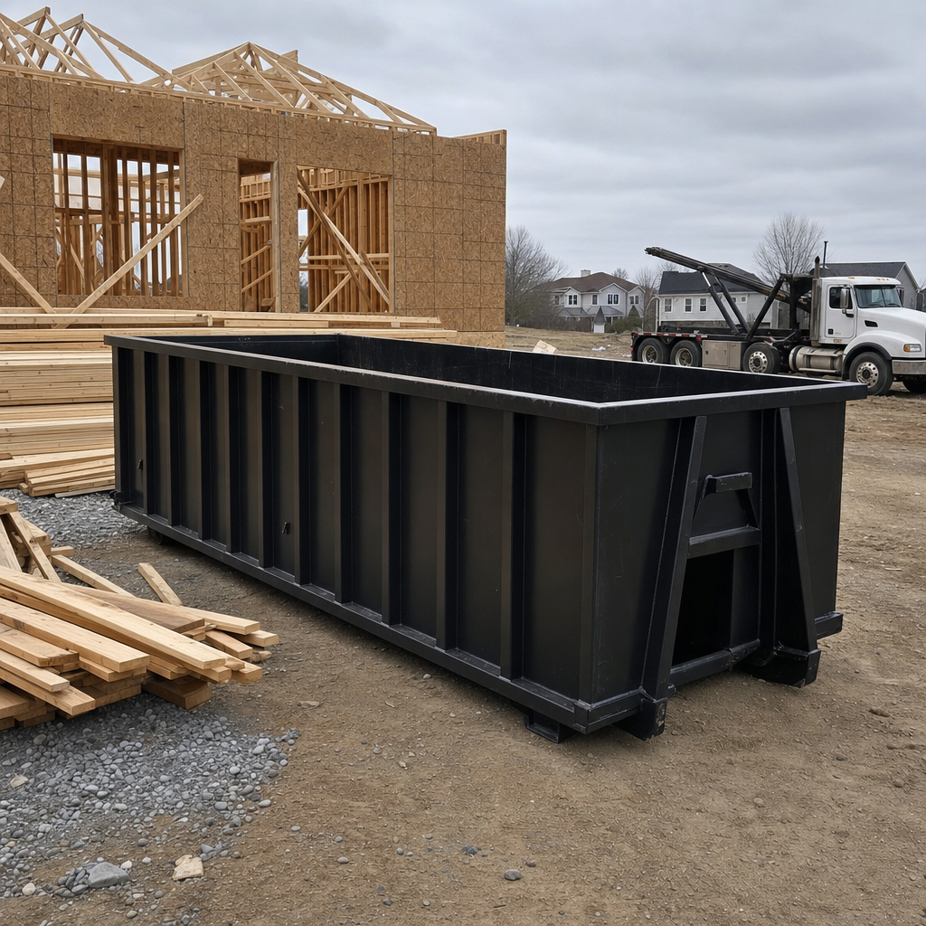 Matte-black 40-yard roll-off dumpster staged on a framed-out residential construction site in Hamburg, framing lumber stacked nearby, hooklift delivery truck visible in the background under bright Colorado daylight
