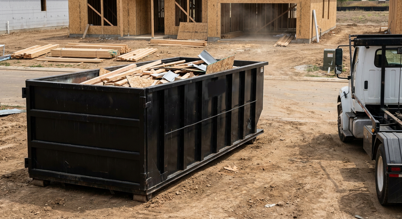 Matte-black 20-yard roll-off construction dumpster with heavy ribbed steel sidewalls and swing rear doors at a working jobsite in Hamburg, sitting directly on compacted dirt with an unmarked white hauler partially visible at the far edge of the frame.