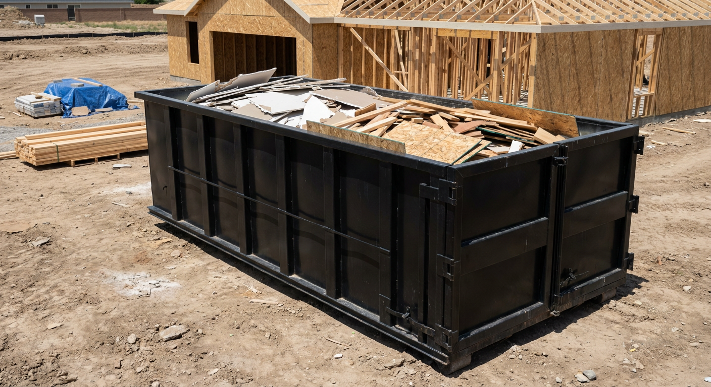 Matte-black 30-yard roll-off construction dumpster sitting directly on the compacted-dirt site of a framed single-family home build in Hamburg, drywall and lumber scrap loaded inside.