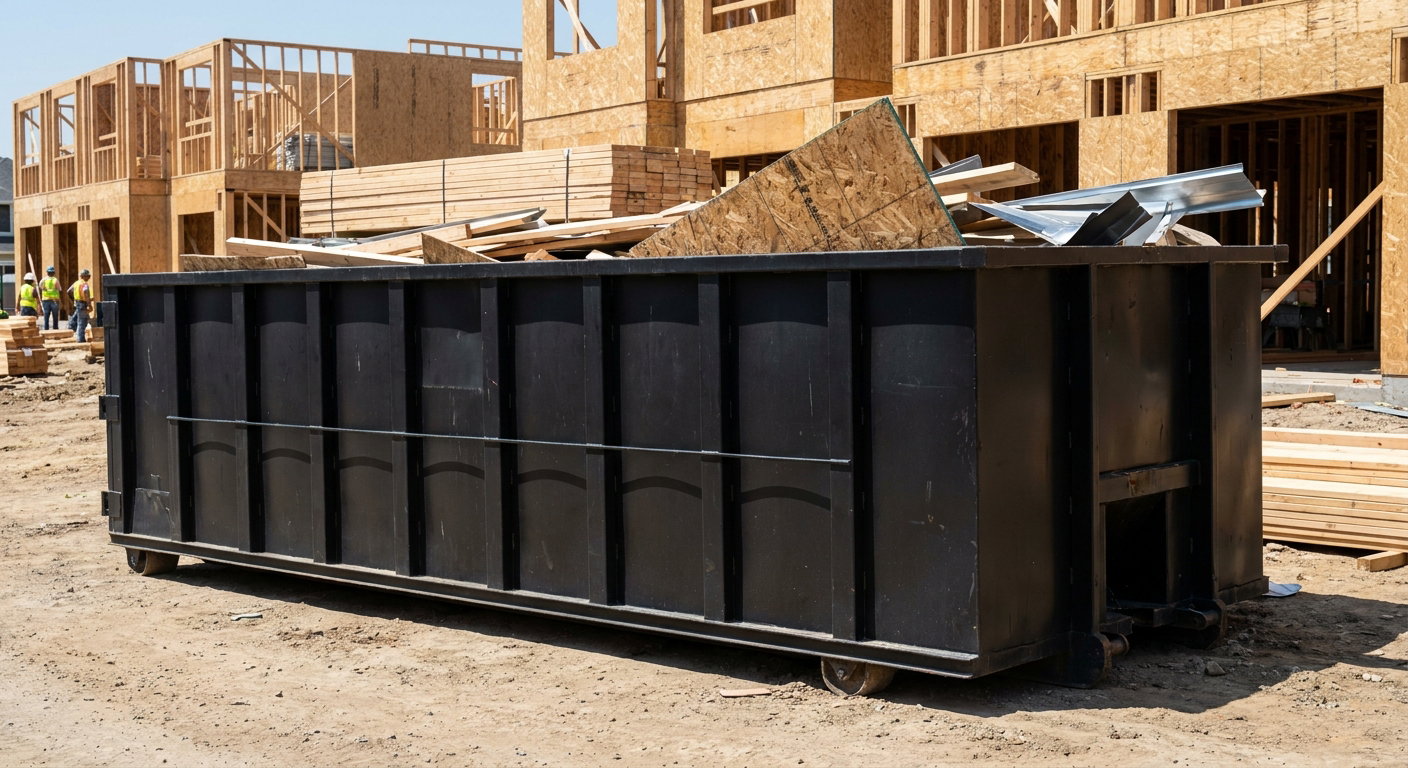 Matte-black 40-yard roll-off construction dumpster being lowered from a white-cab hooklift delivery truck onto the compacted-dirt jobsite at a commercial build site in Hamburg