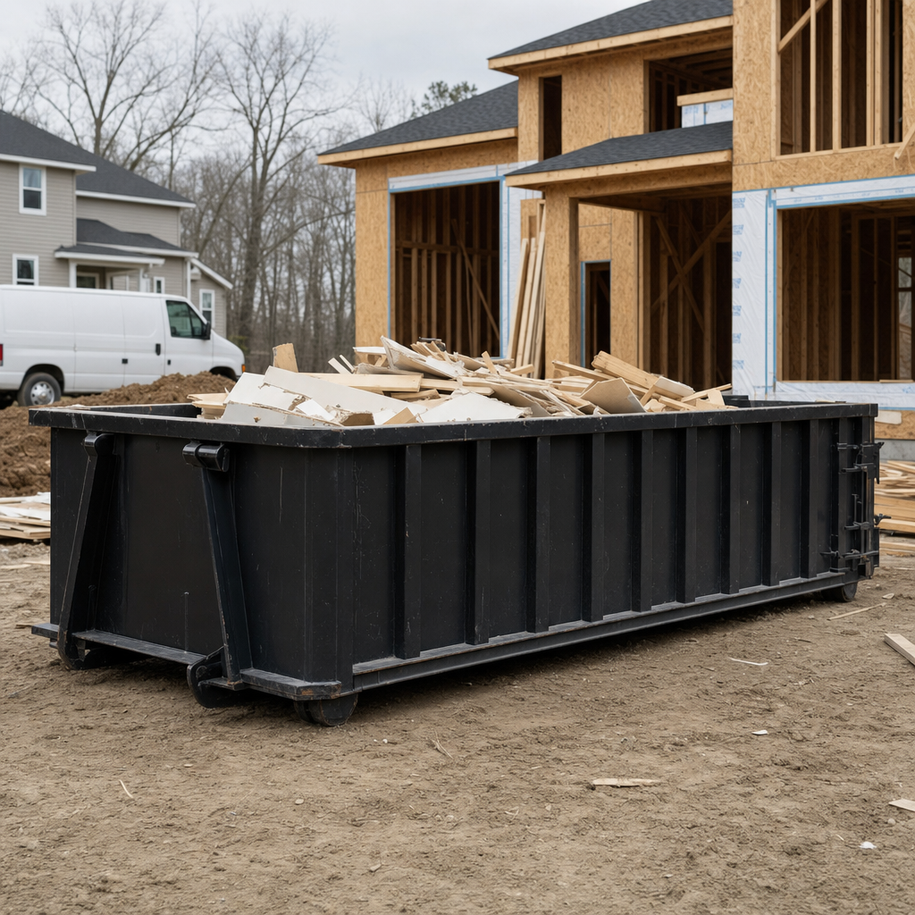 Worker in a yellow high-visibility vest tossing framing lumber and broken drywall into a matte-black 30-yard construction roll-off dumpster on an active build site in Hamburg, bright daylight