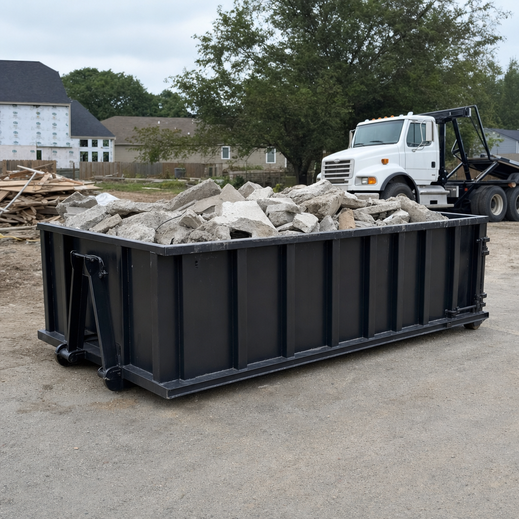 Low-profile matte-black lowboy roll-off dumpster loaded with broken concrete slab and rebar at a foundation tear-out in Hamburg, skid steer parked beside it, sunny Colorado morning