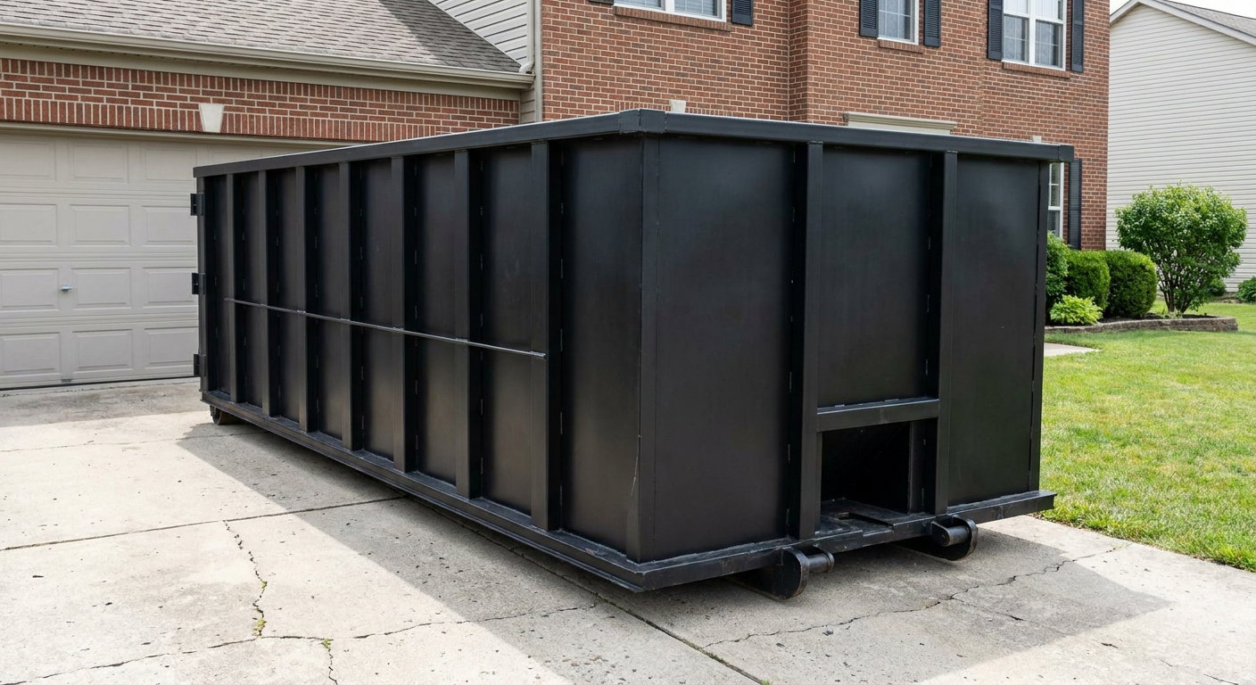 Matte-black 20-yard roll-off container on a Hamburg residential concrete driveway with reinforced ribbed steel sidewalls and a hinged rear walk-in door, clean bright daylight.