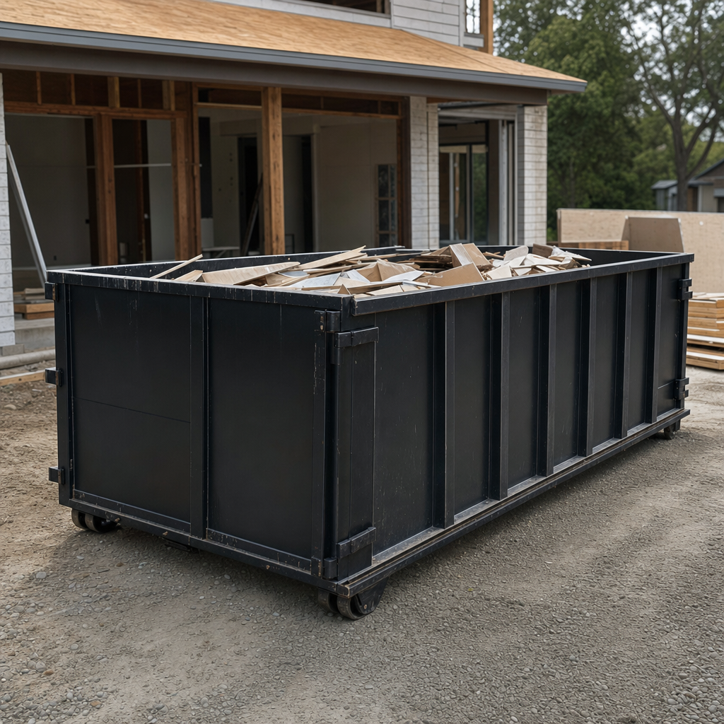 Large matte-black 30-yard construction roll-off dumpster at an active Hamburg jobsite, steel-gray top rails and bottom rollers visible, loaded with construction debris.