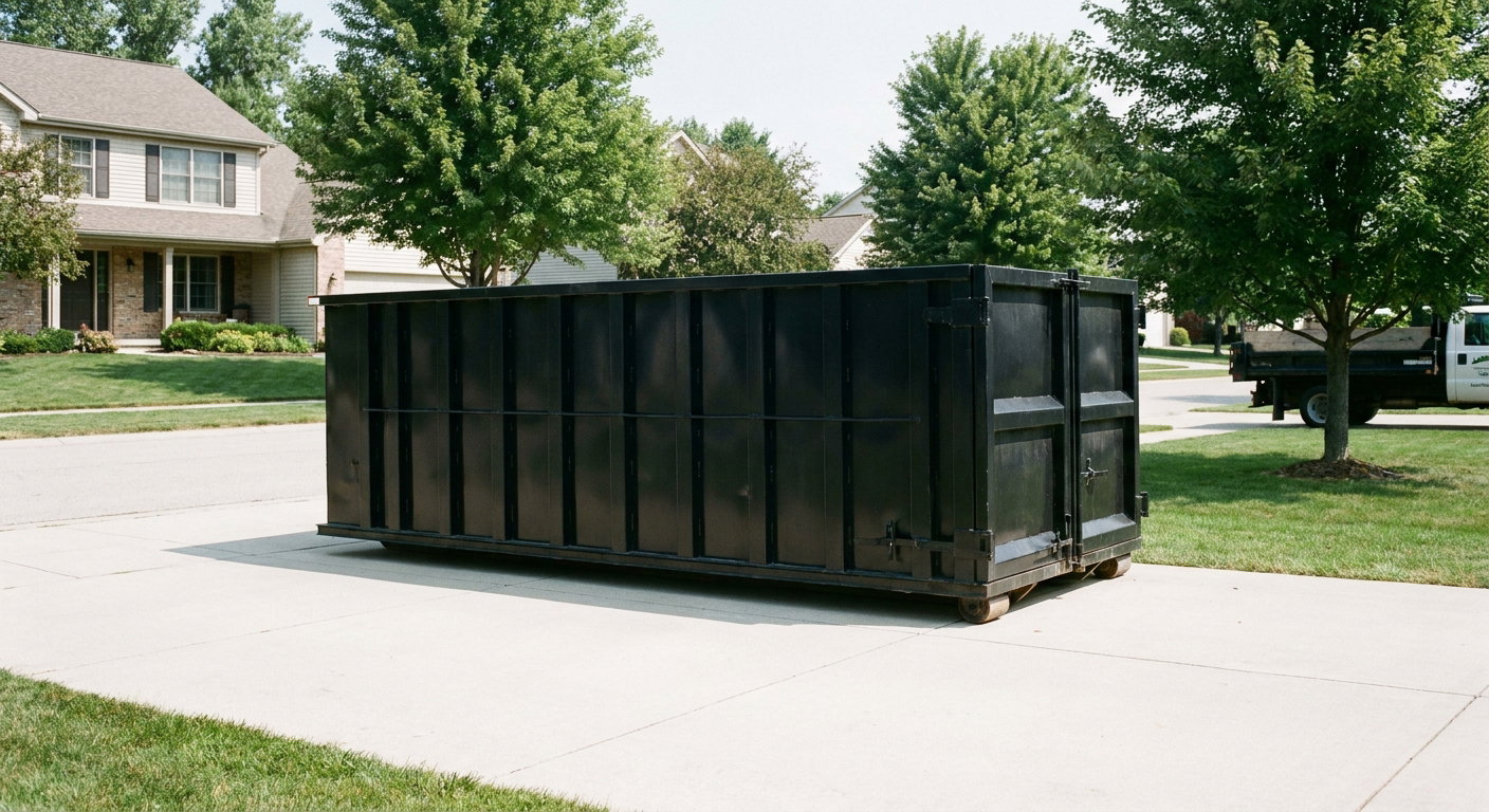 Matte-black 20-yard roll-off dumpster sitting level on a clean Hamburg residential concrete driveway under bright daylight, demonstrating clean placement directly on the concrete.
