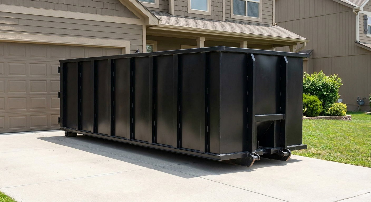 Matte-black residential roll-off dumpster sitting directly on a suburban Hamburg concrete driveway, garage door closed, single-family home in background, bright morning daylight.