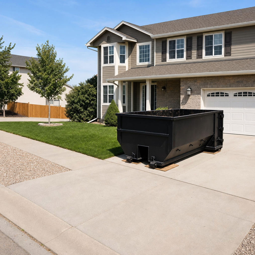 10-yard matte-black residential dumpster placed directly on a narrow Hamburg concrete driveway, room remains for a parked sedan beside it, mid-morning natural light
