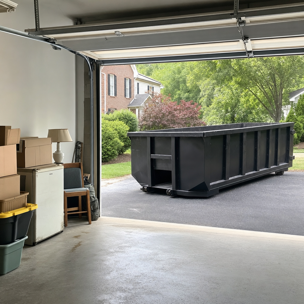 Open garage interior in a Hamburg home mid-cleanout — boxed items, an old appliance, and stacked yard tools queued near the driveway for a matte-black roll-off dumpster, organized and calm