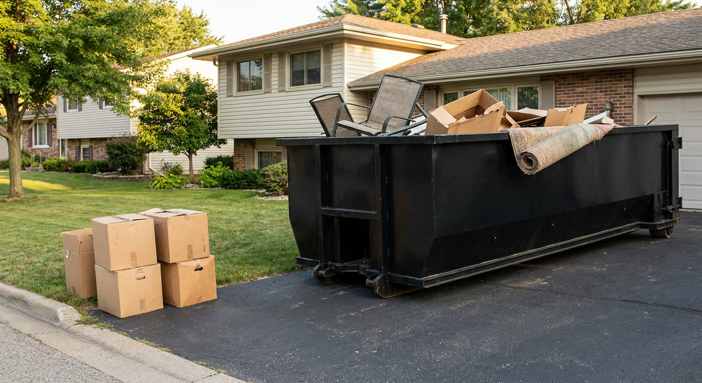 Front-yard view of a Hamburg split-level home with a 20-yard matte-black roll-off dumpster sitting directly on the asphalt driveway, a few clearly labeled donation boxes staged at the curb, calm sunny afternoon.