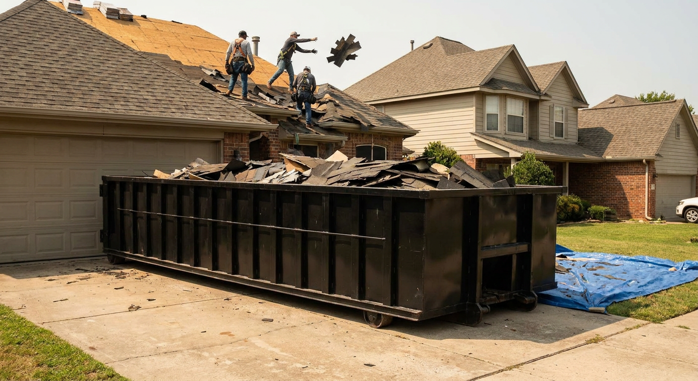 Matte-black roofing roll-off dumpster placed directly on a Hamburg residential concrete driveway, a tear-off crew on a two-story asphalt-shingle roof tossing shingle bundles into the low-walled container, bright daylight, documentary 35mm perspective.
