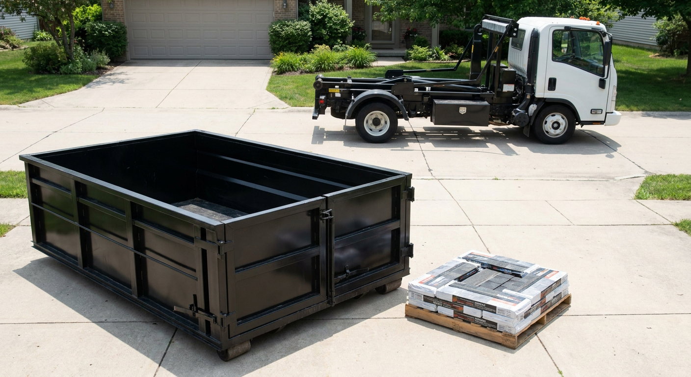 Matte-black 15-yard roofing roll-off dumpster with reinforced low side walls sitting directly on a Hamburg residential concrete driveway, three-tab asphalt shingle bundles stacked nearby, an unmarked white hauler truck partially visible at the edge of the frame.