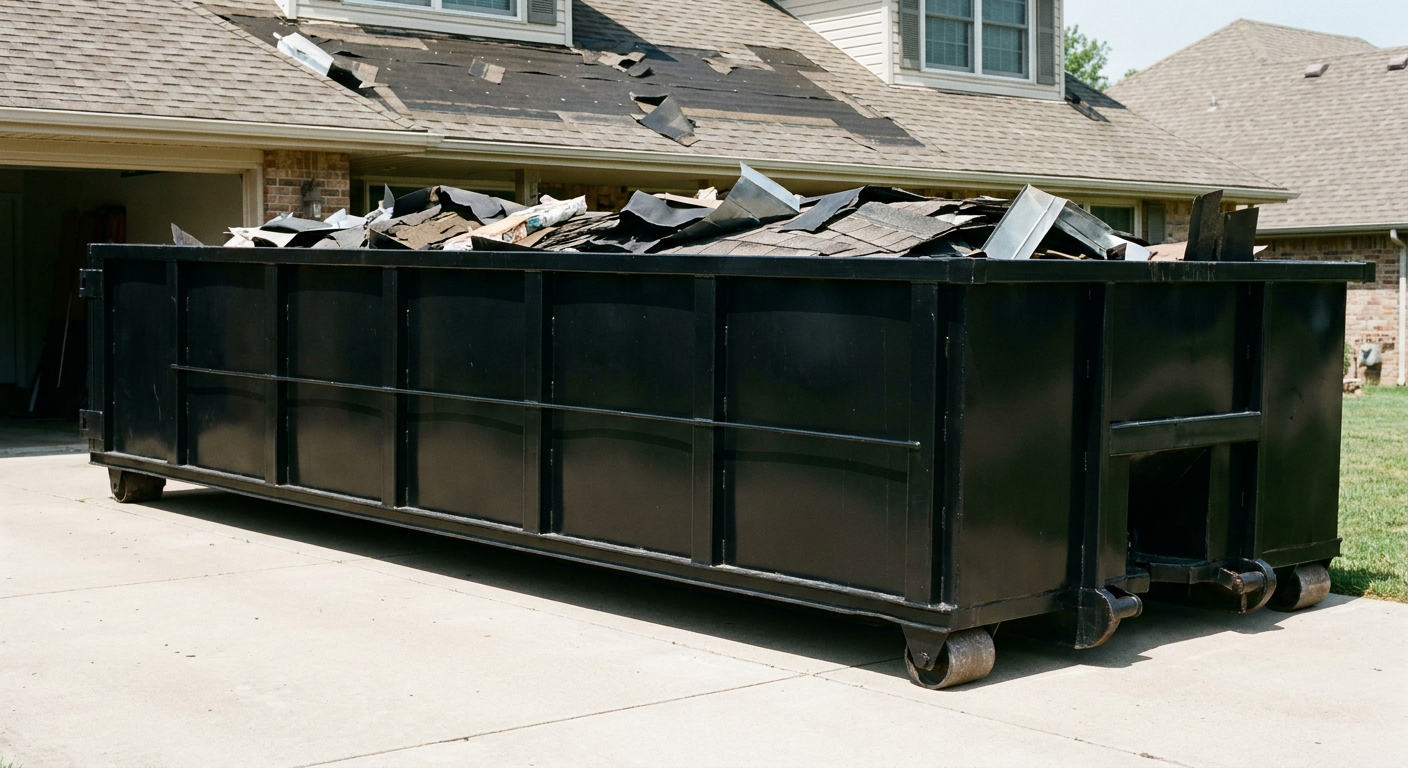 Matte-black 20-yard roofing roll-off dumpster with steel ribbed sides and swinging rear door, sitting directly on the concrete driveway of a two-story Hamburg home, asphalt shingle debris being loaded over the low wall, clean documentary lighting.