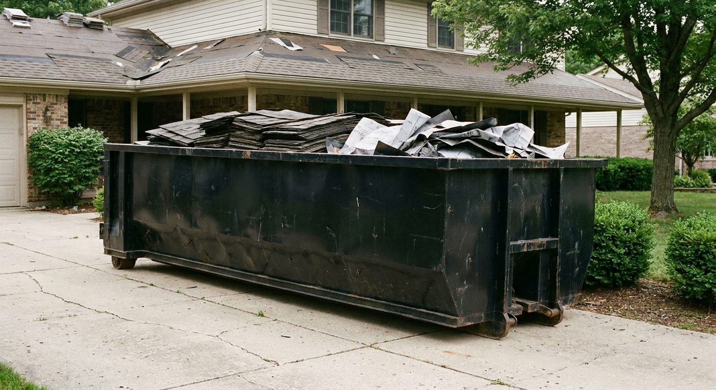Matte-black 30-yard roofing roll-off dumpster sitting directly on a Hamburg concrete driveway, taller ribbed steel side panels, mixed tear-off debris of asphalt shingles and underlayment inside, professional documentary daylight.