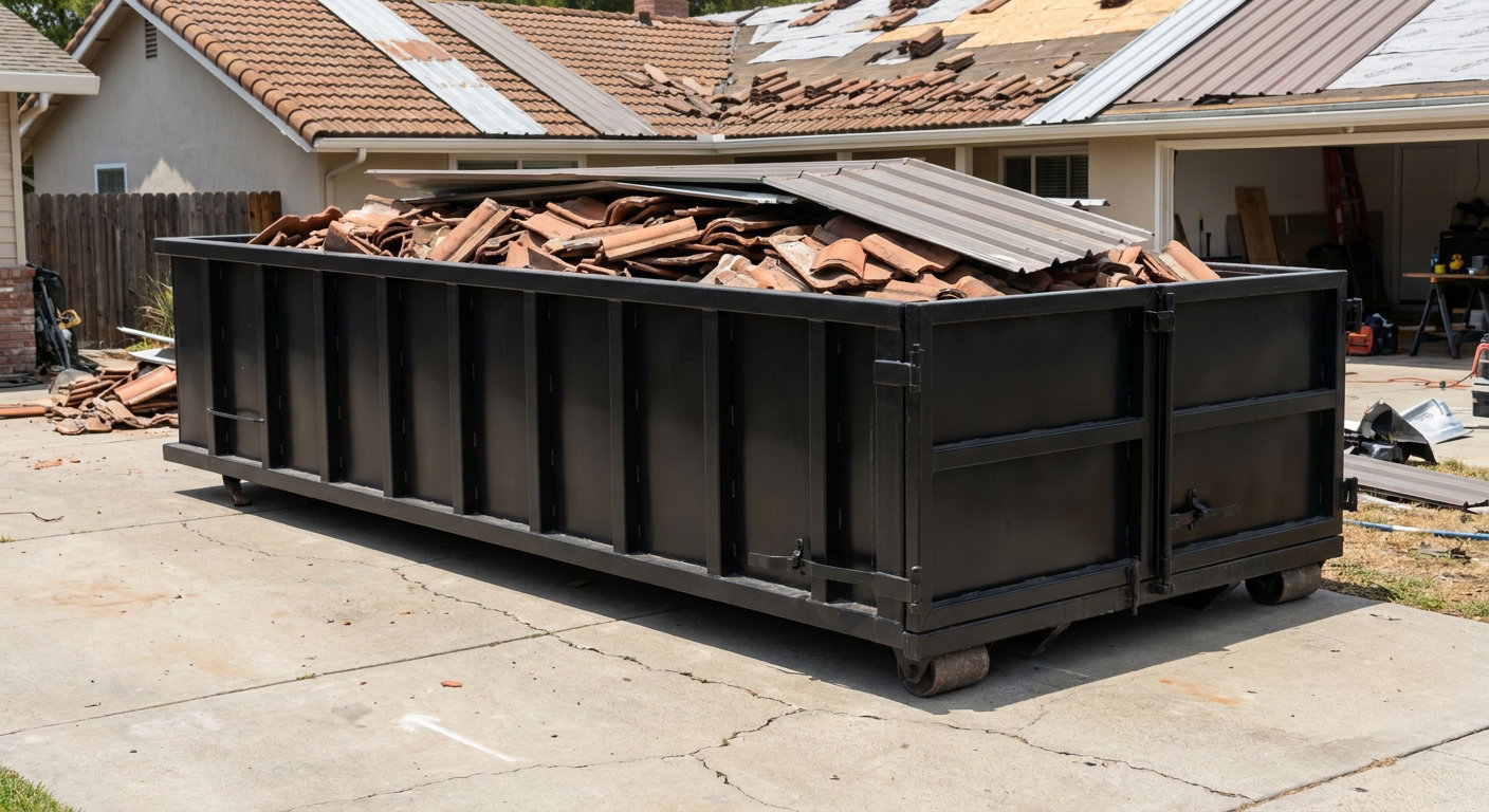 Matte-black low-wall heavy-debris roofing roll-off dumpster sitting directly on a Hamburg concrete driveway, broken concrete clay roof tiles and metal panel sections loaded inside, reinforced ribbed steel side walls visible, bright outdoor daylight.