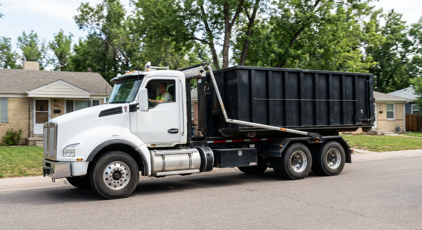A wide documentary shot of a matte-black roll-off delivery truck pulling onto a quiet Hamburg residential street at mid-morning, with neighborhood rooftops and tree-lined blocks visible behind, showing the metro coverage footprint.