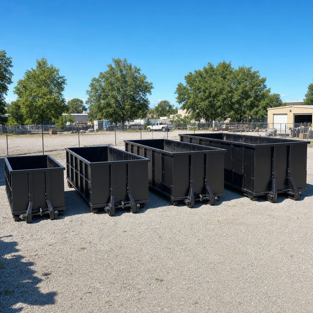 A clean lineup of matte-black roll-off dumpsters in 10, 20, 30, and 40-yard sizes staged on a sunlit gravel yard in Hamburg, showing the size progression from compact to commercial-scale containers.