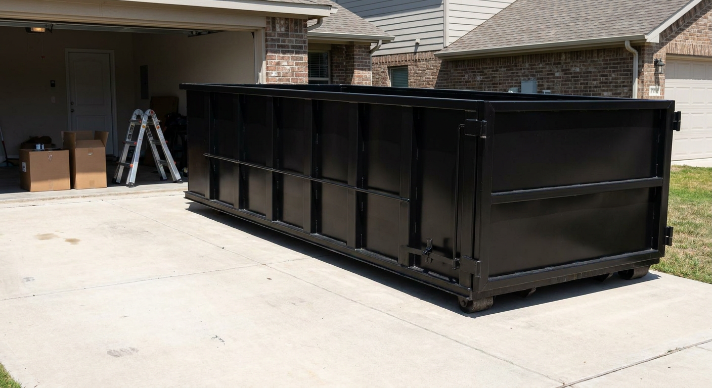 A matte-black 10-yard roll-off dumpster sitting directly on a residential Hamburg concrete driveway, mid-day sunlight, clean and ready for a garage cleanout.