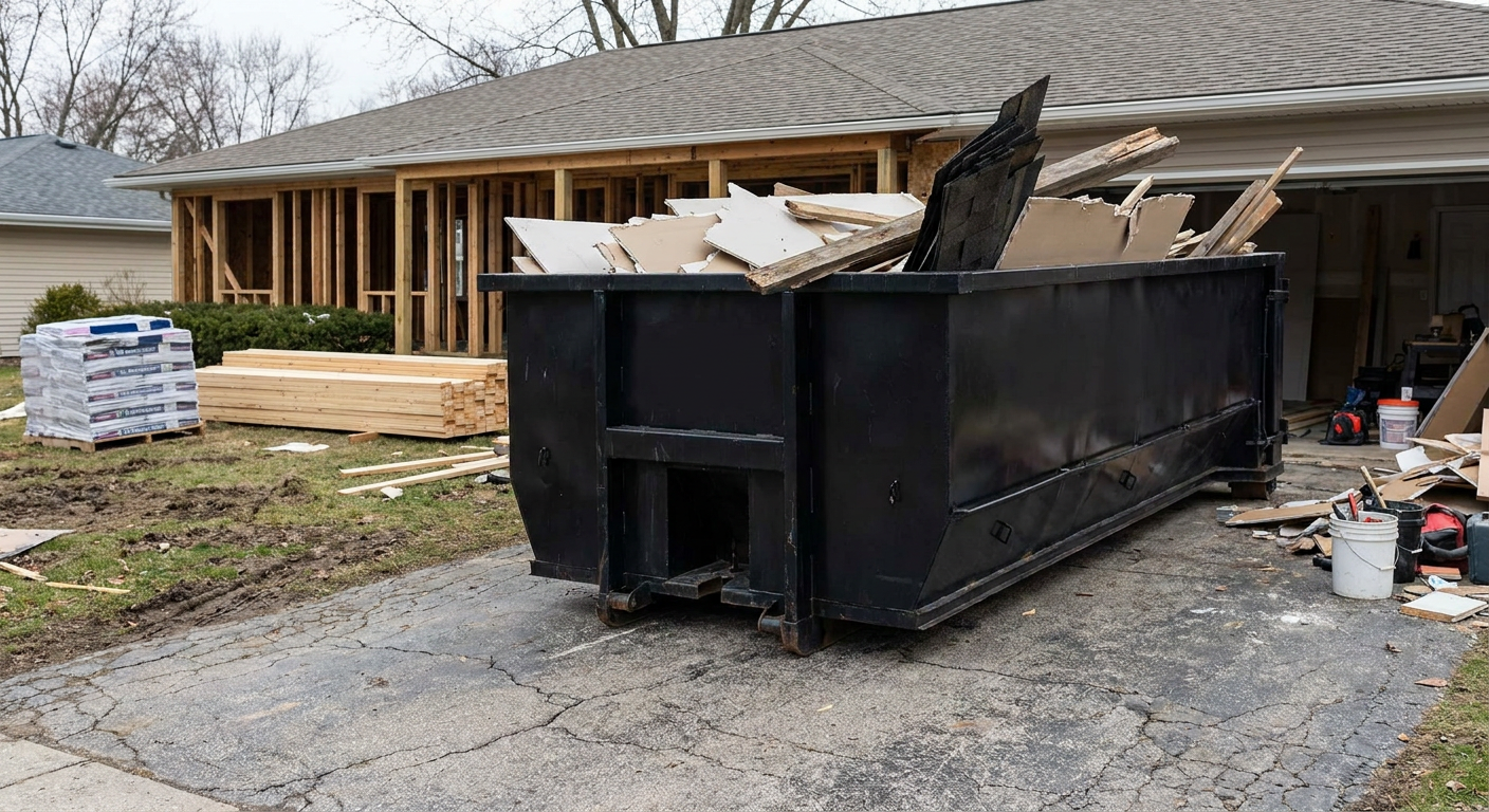 A matte-black 20-yard roll-off dumpster placed alongside a mid-renovation Hamburg home directly on the asphalt driveway, with framing materials and torn-off shingles staged neatly nearby.