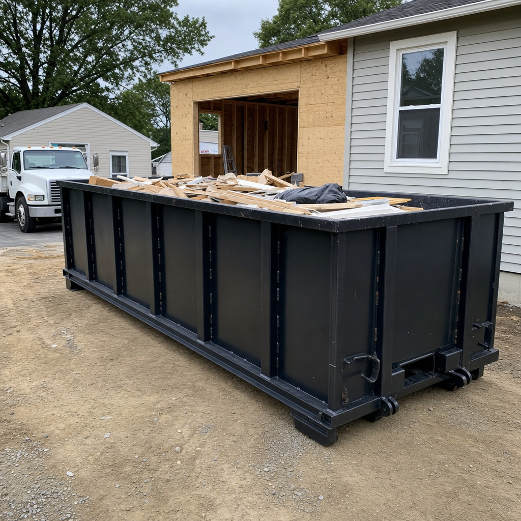 A matte-black 30-yard roll-off dumpster positioned at a Hamburg residential addition jobsite, with framing lumber and drywall scraps loaded through the open swinging rear doors.
