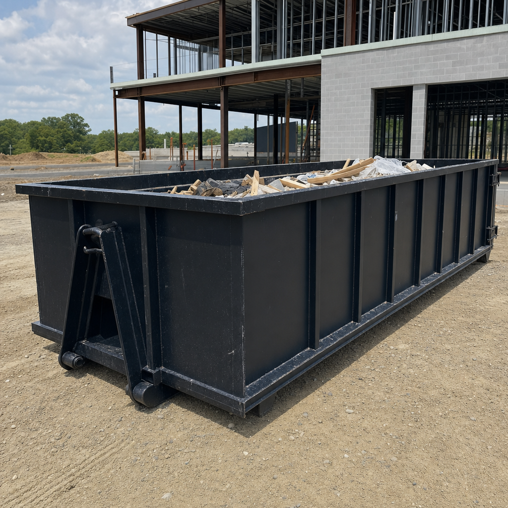 A matte-black 40-yard roll-off dumpster staged on a large Hamburg commercial construction lot, with a hooklift delivery truck parked alongside under bright midday sky.