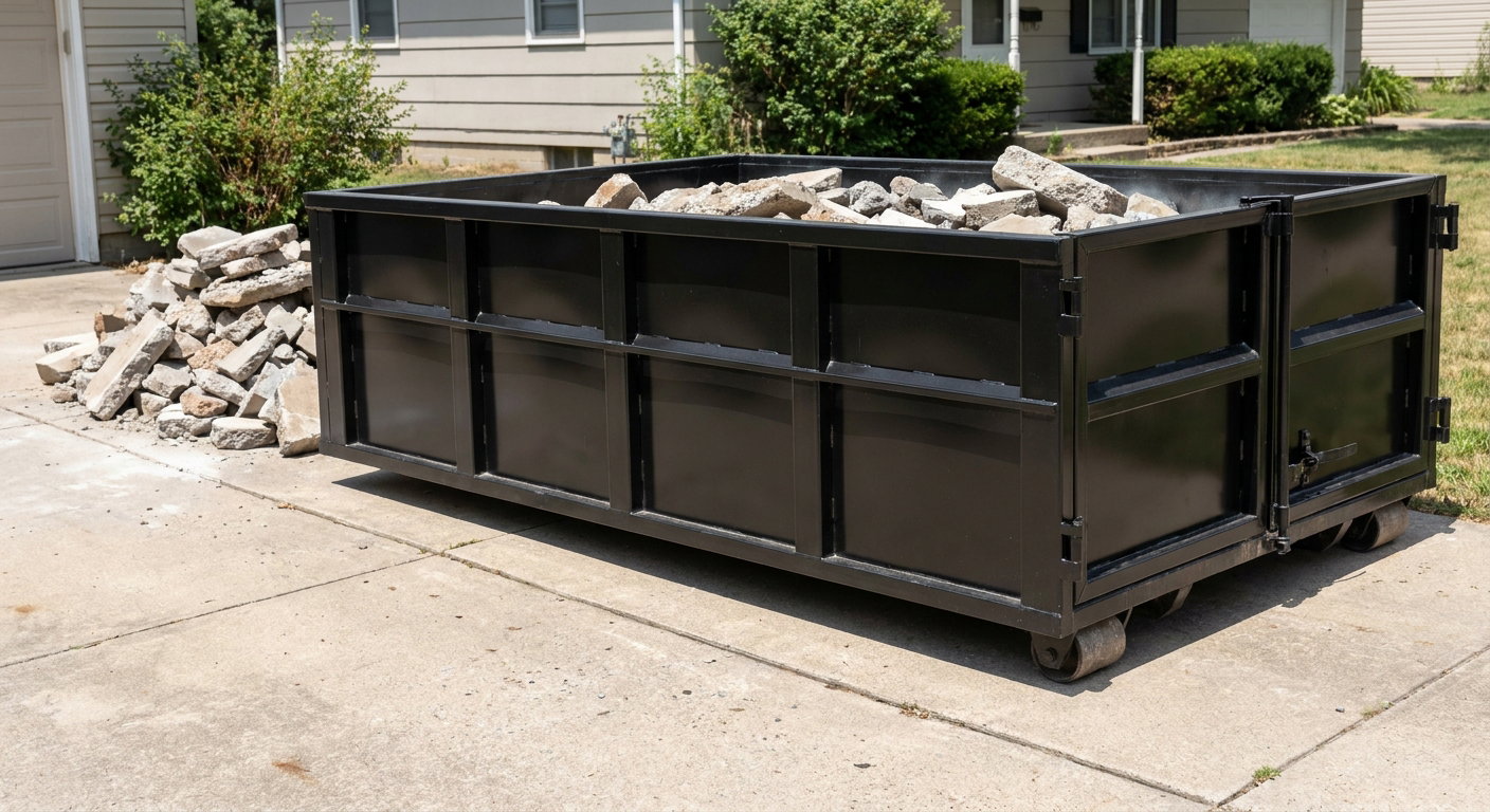 A matte-black low-side heavy-debris roll-off dumpster placed directly on a Hamburg concrete driveway, with broken concrete chunks neatly stacked beside it under clean daylight.